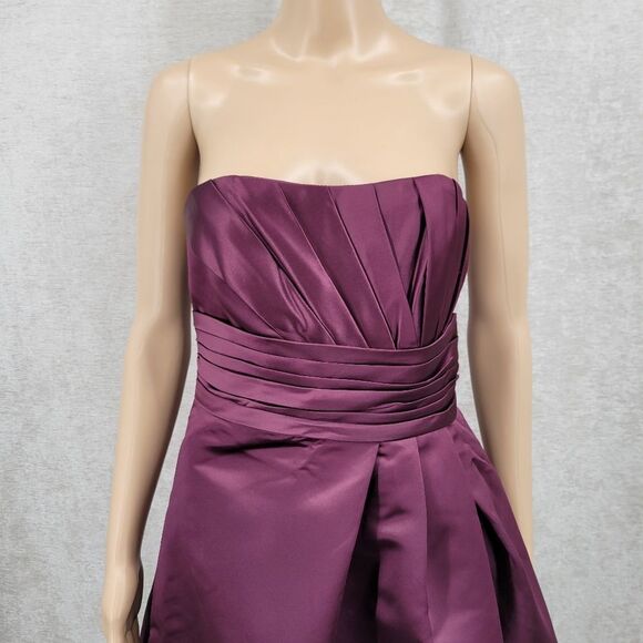 Bill Levkoff Satin Burgundy Strapless A-line Formal Evening Bridesmaid Dress - Picture 3 of 11